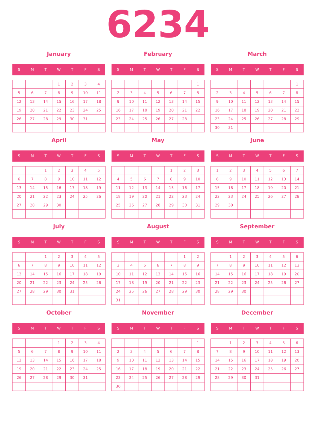 Printable 6234 Year Calendars pink