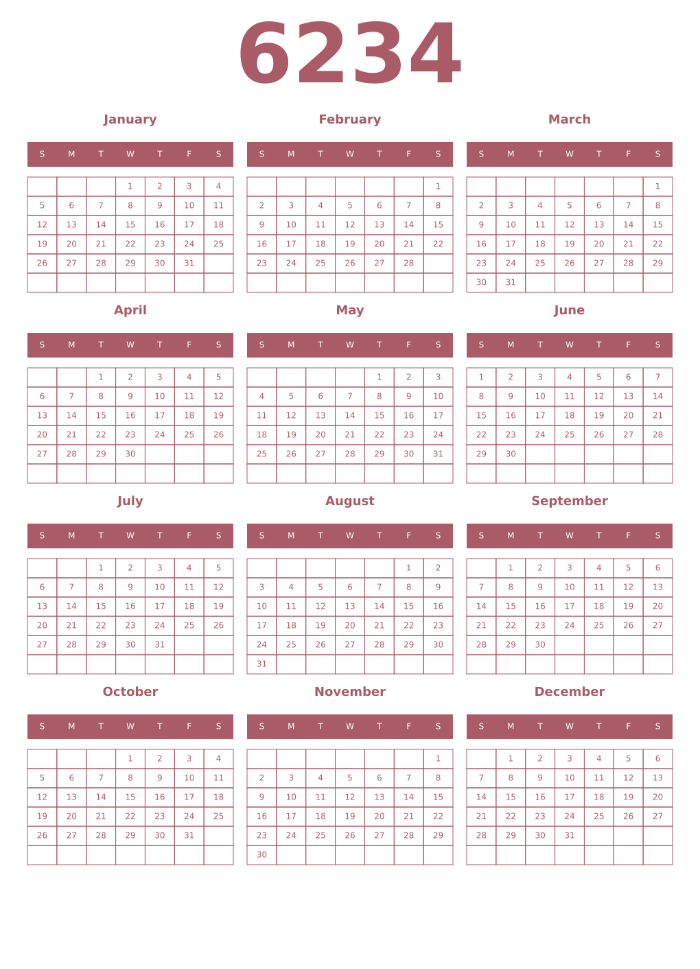 Printable 6234 Year Calendars puce