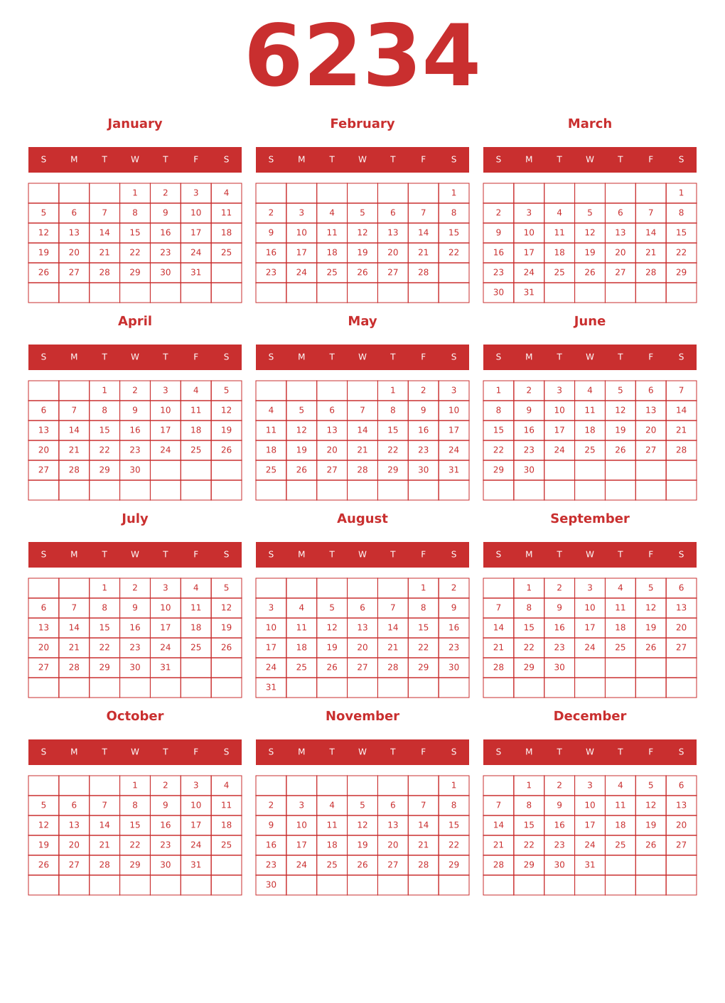 Printable 6234 Year Calendars red