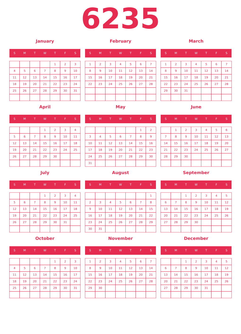 Printable 6235 Year Calendars amaranth