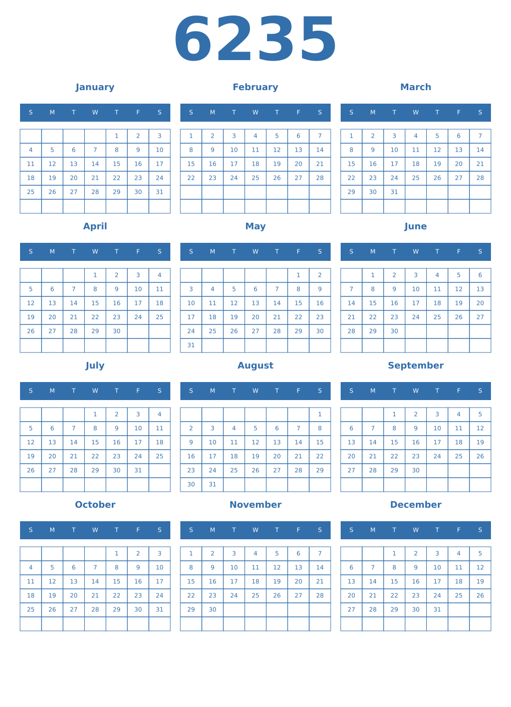 Printable 6235 Year Calendars blue