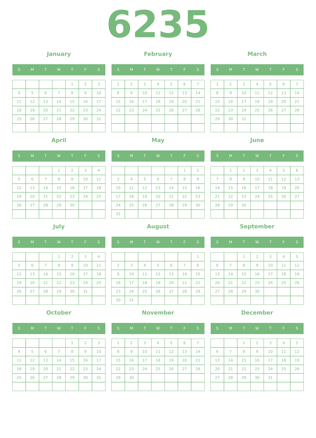 Printable 6235 Year Calendars celadon