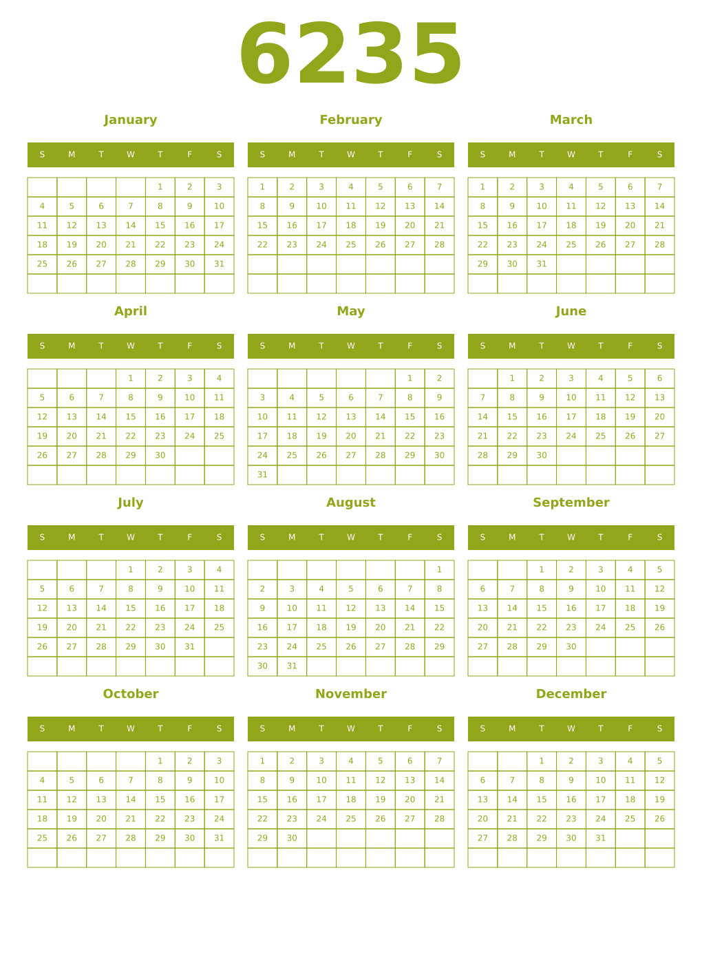 Printable 6235 Year Calendars chartreuse