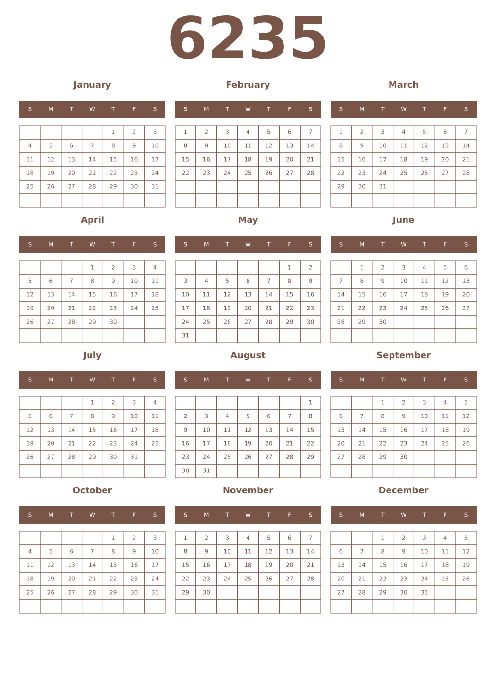 Printable 6235 Year Calendars coffe