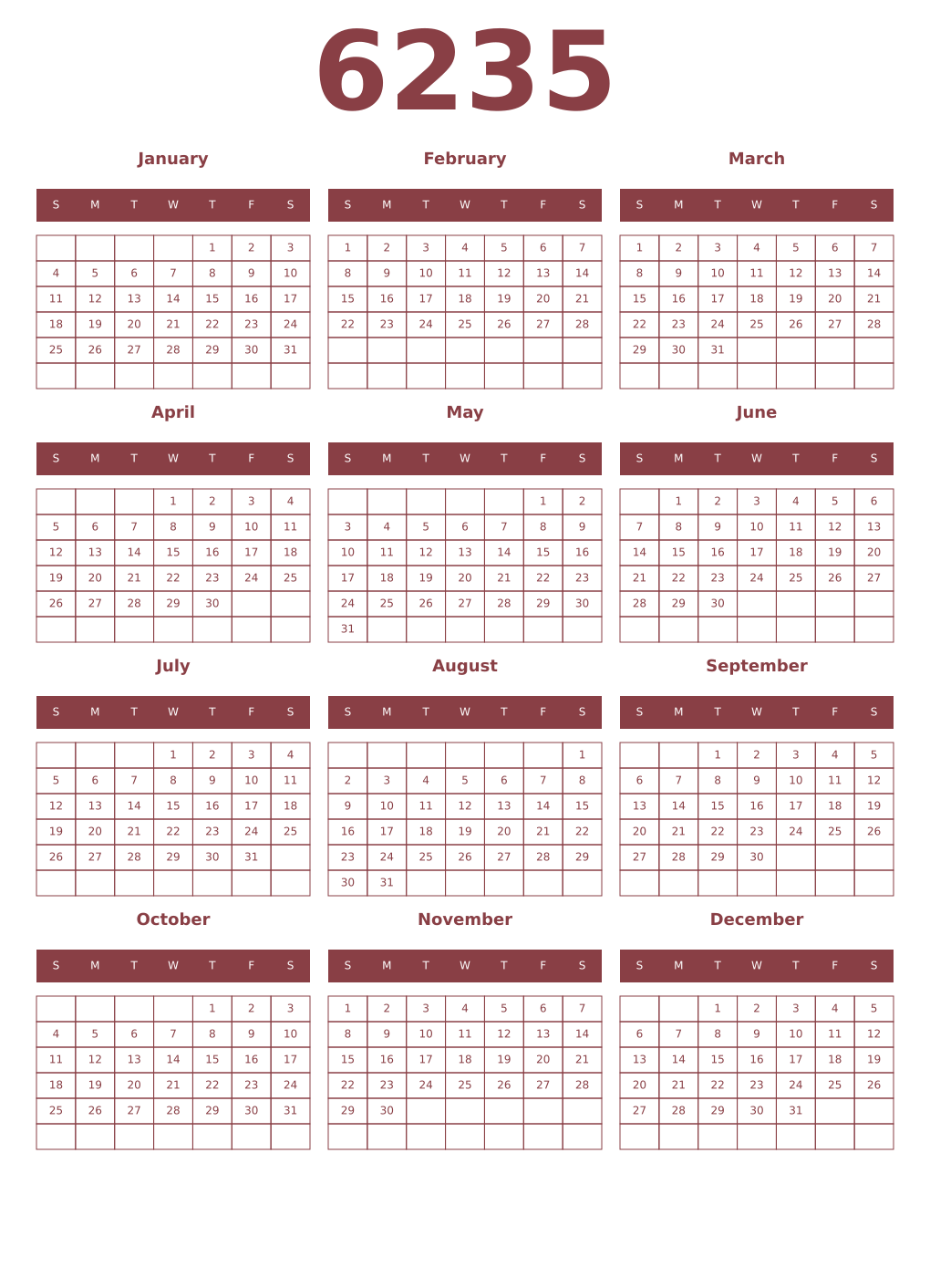 Printable 6235 Year Calendars cordovan