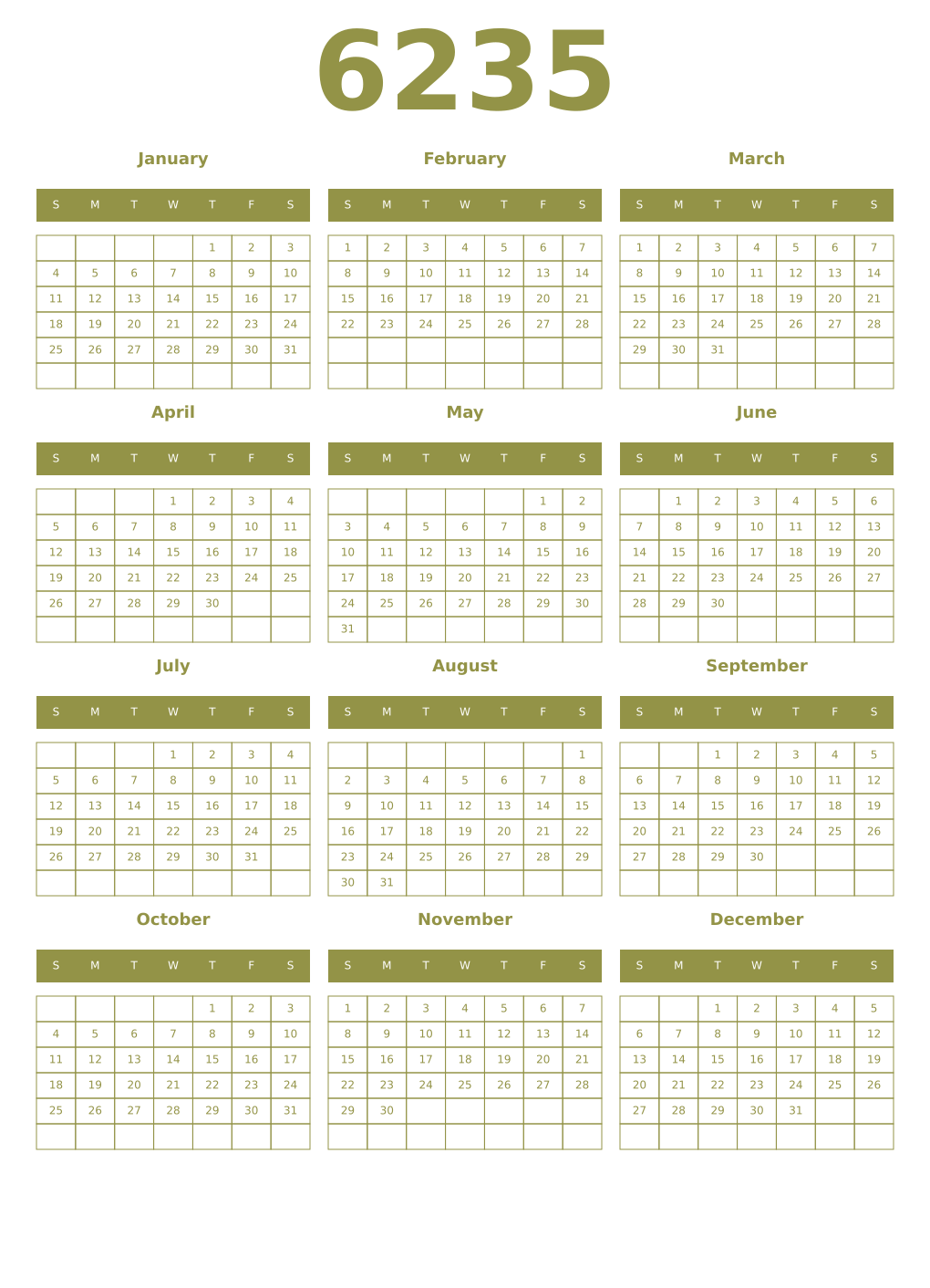 Printable 6235 Year Calendars eburnean