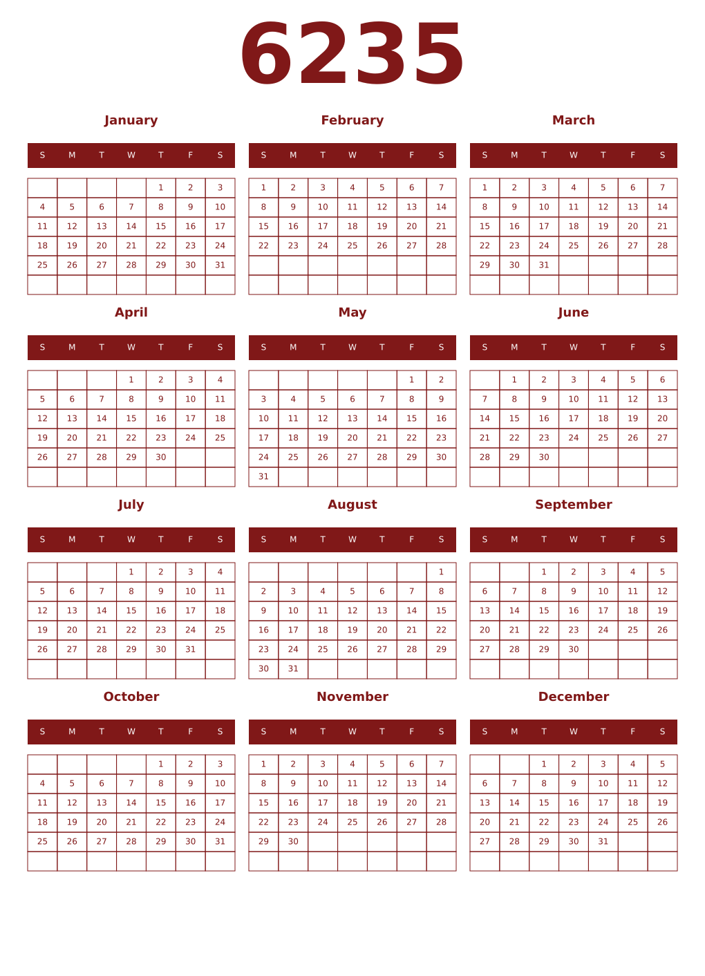 Printable 6235 Year Calendars falu