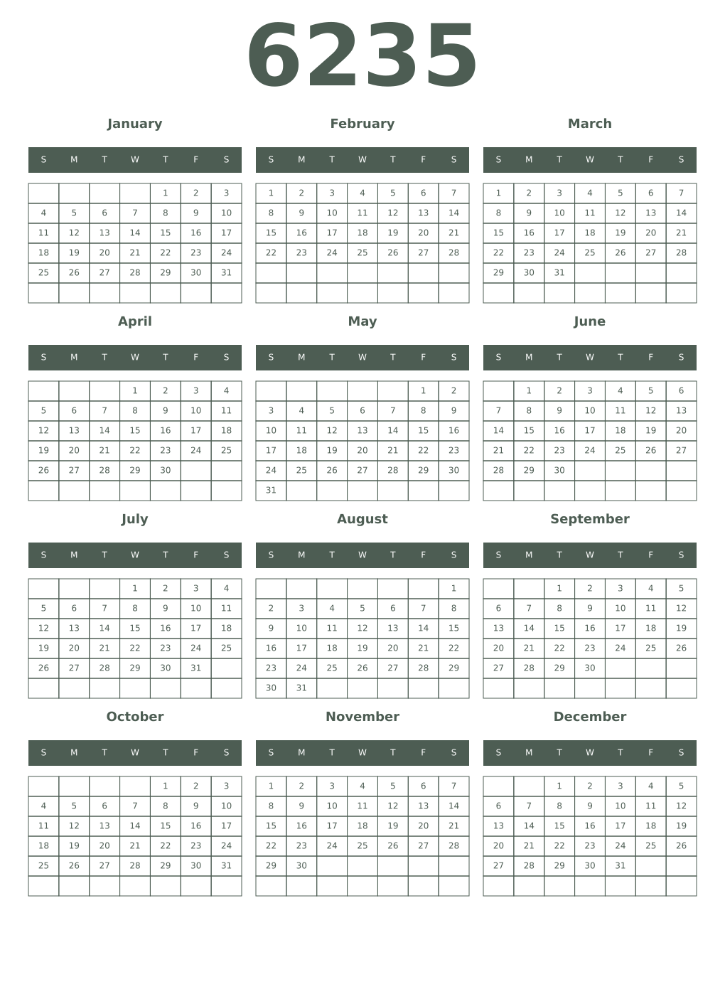Printable 6235 Year Calendars feldgrau