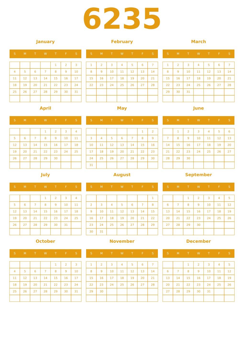 Printable 6235 Year Calendars gamboge