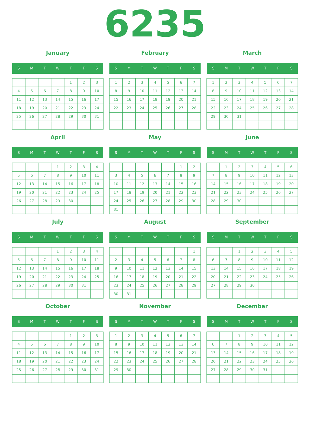 Printable 6235 Year Calendars green