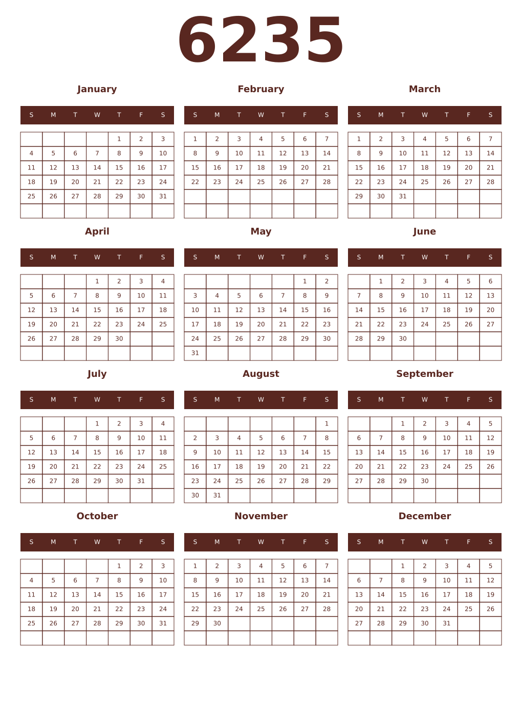 Printable 6235 Year Calendars mortuum