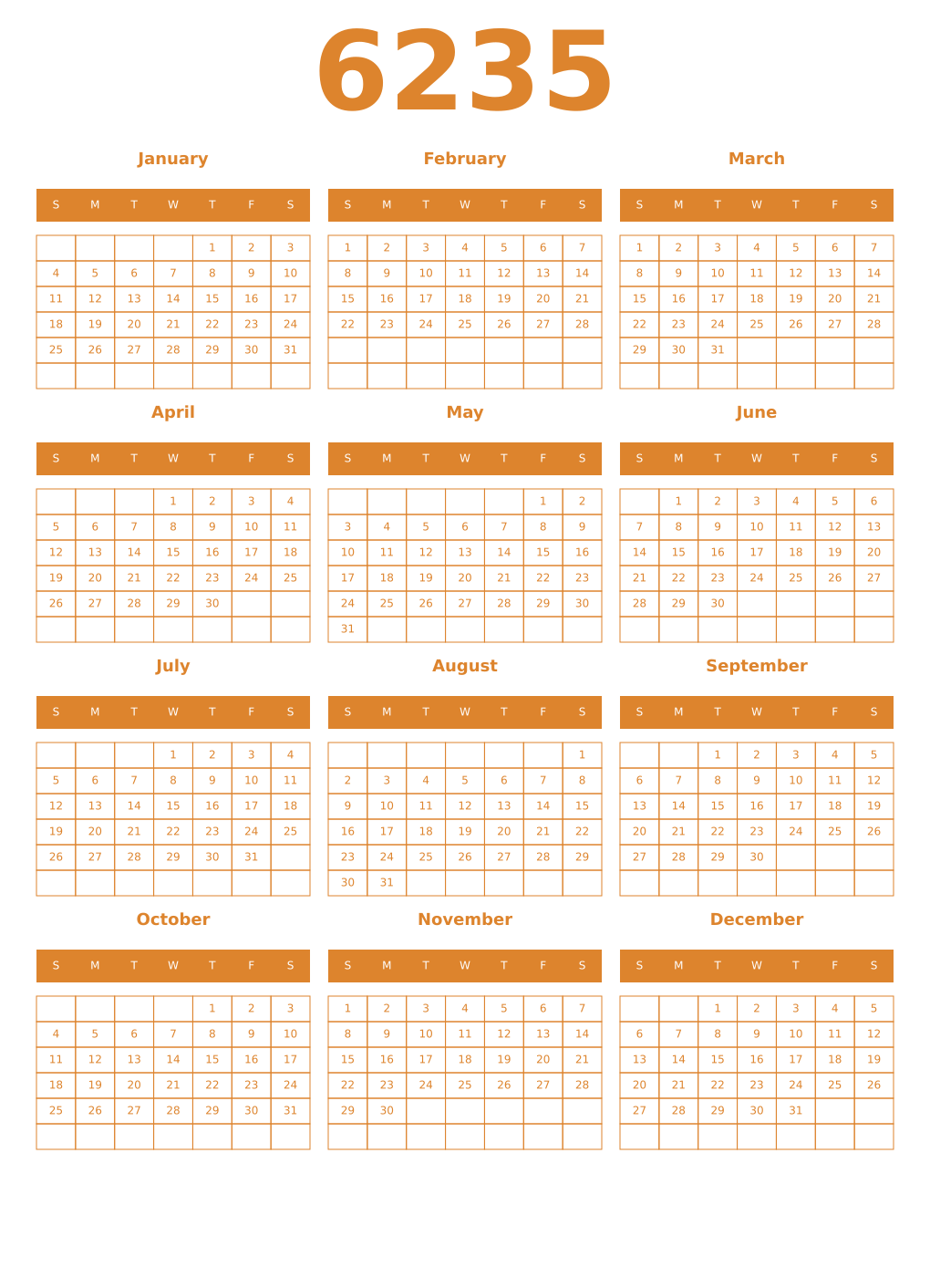Printable 6235 Year Calendars orange