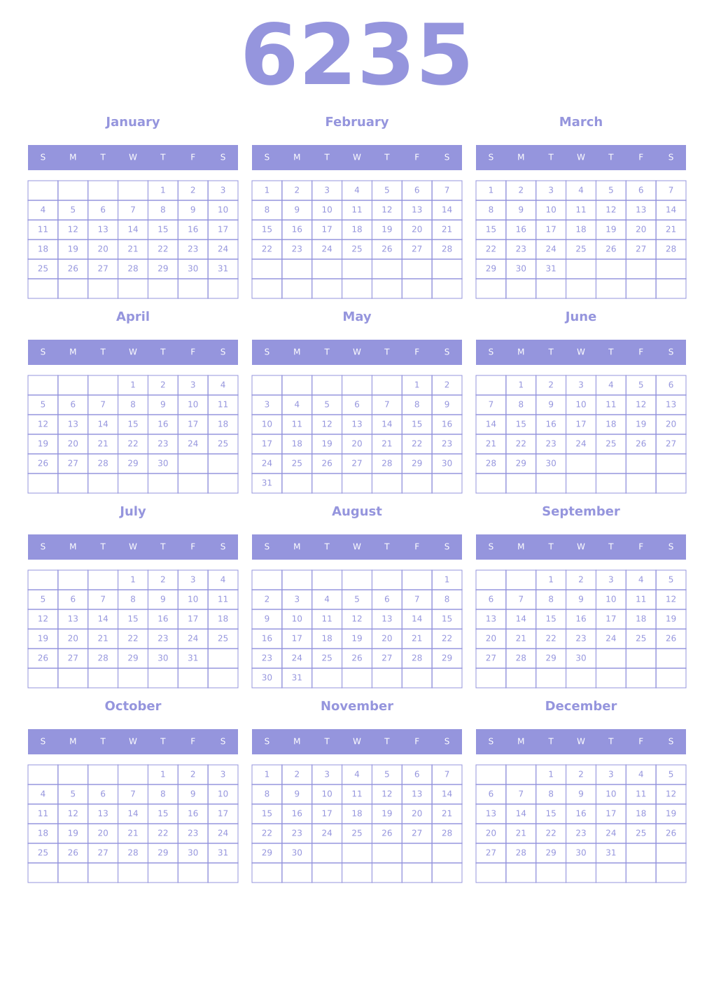 Printable 6235 Year Calendars periwinkle