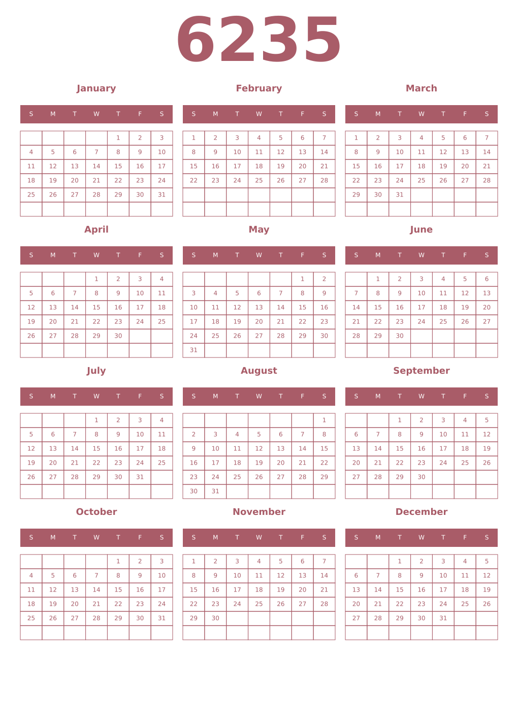 Printable 6235 Year Calendars puce