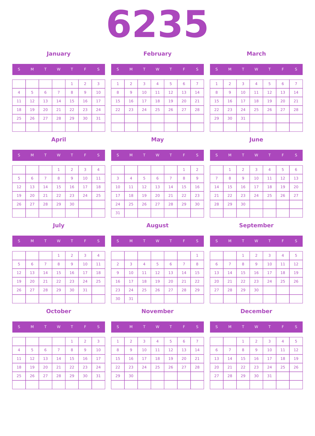 Printable 6235 Year Calendars purple