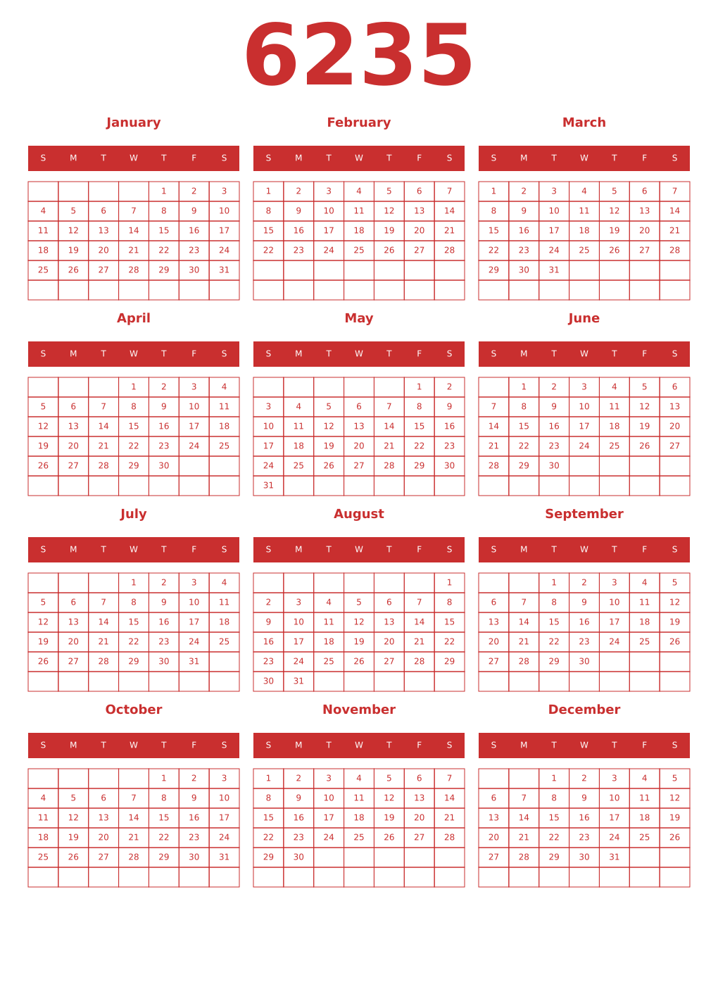 Printable 6235 Year Calendars red