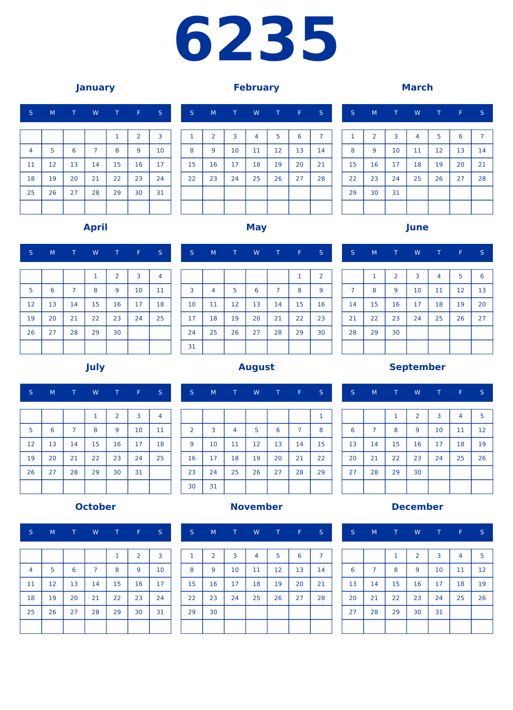 Printable 6235 Year Calendars smalt