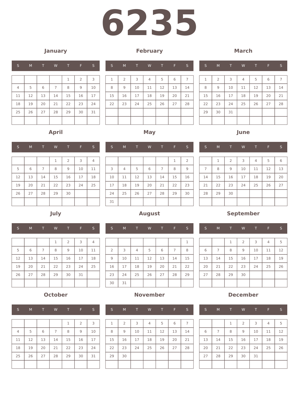 Printable 6235 Year Calendars wenge