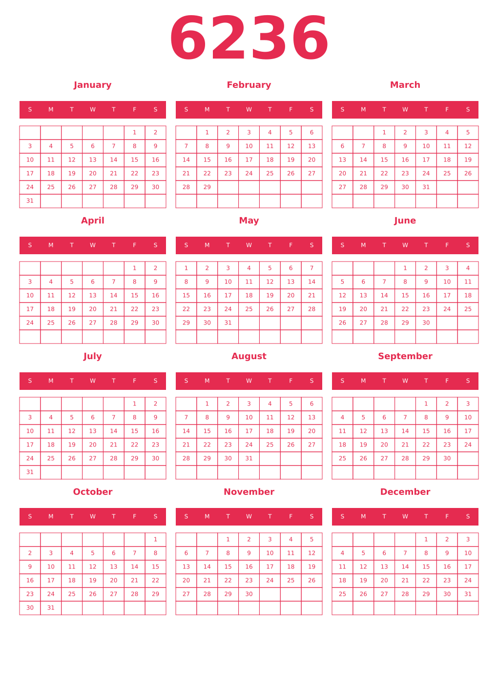 Printable 6236 Year Calendars amaranth