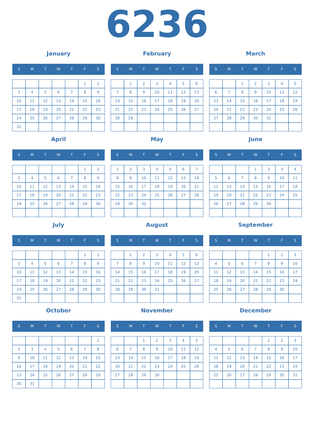 Printable 6236 Year Calendars blue