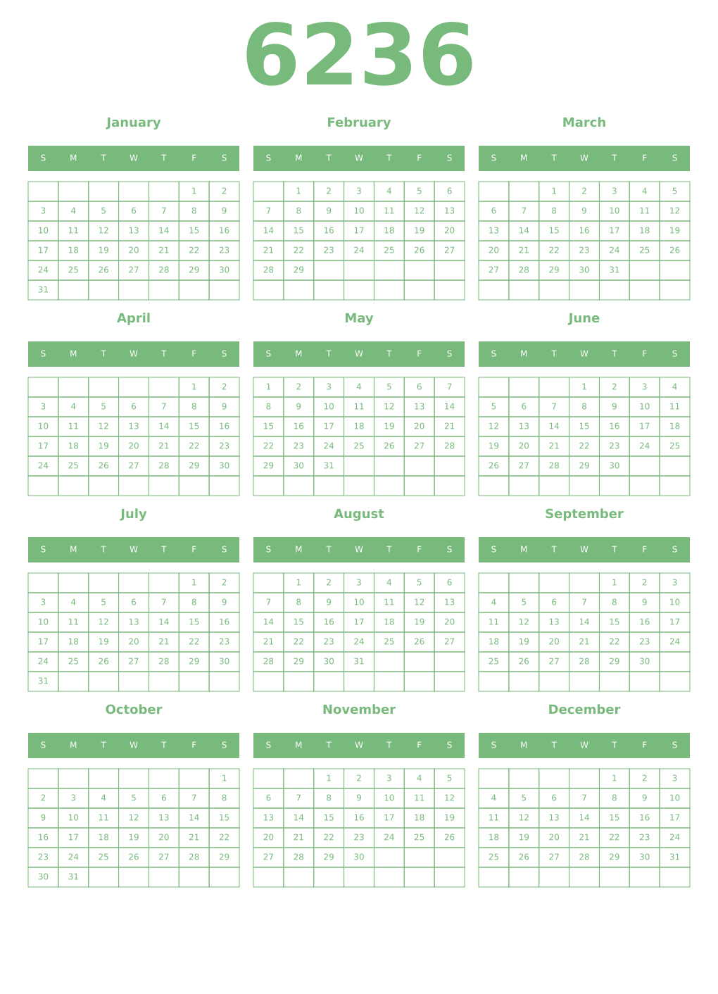 Printable 6236 Year Calendars celadon
