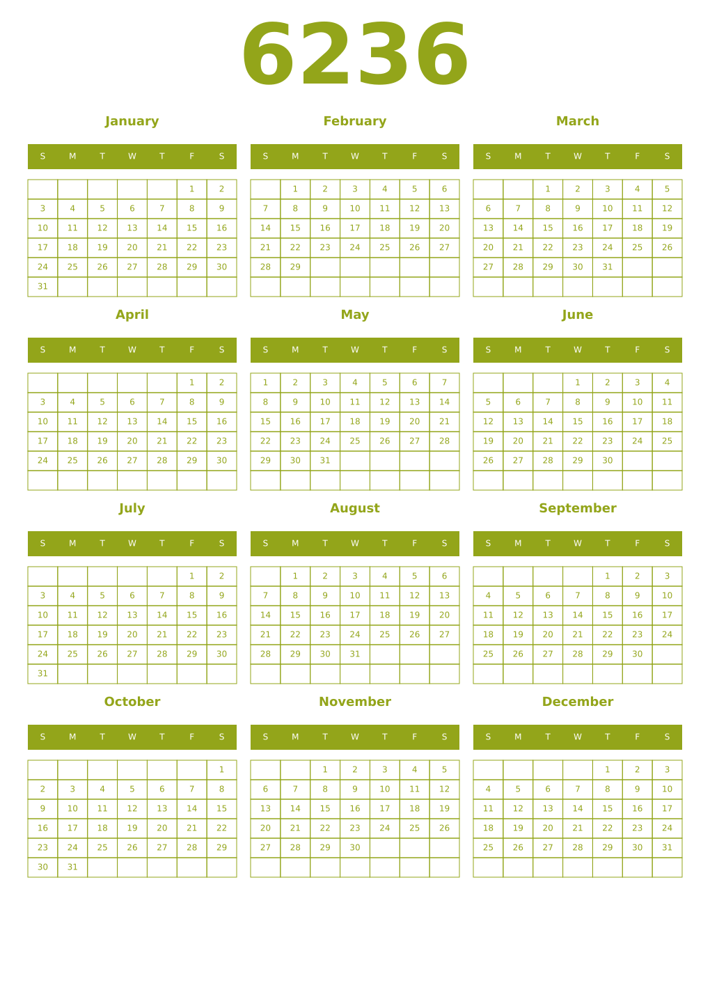 Printable 6236 Year Calendars chartreuse