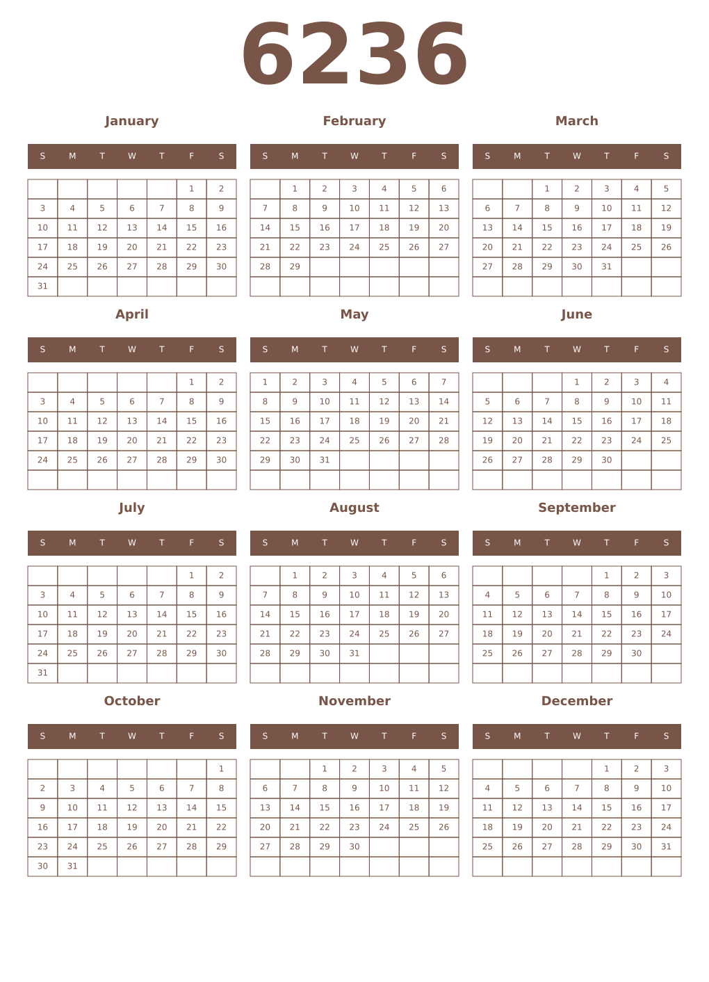 Printable 6236 Year Calendars coffe