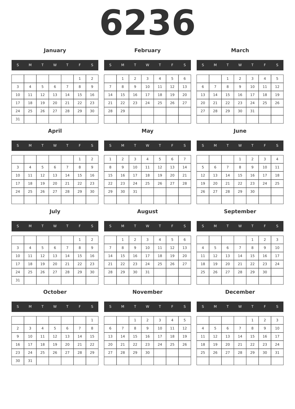 Printable 6236 Year Calendars dark