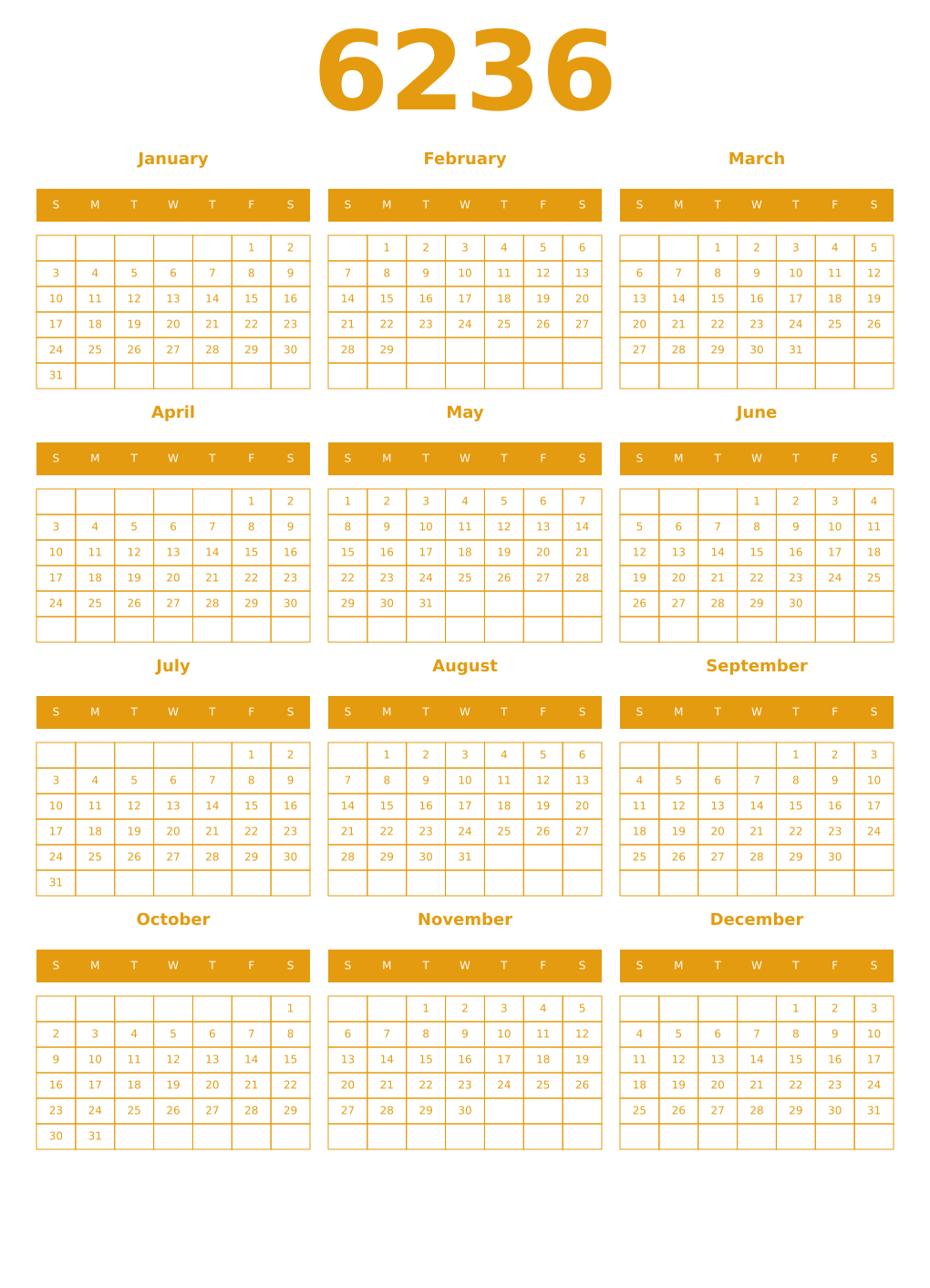 Printable 6236 Year Calendars gamboge