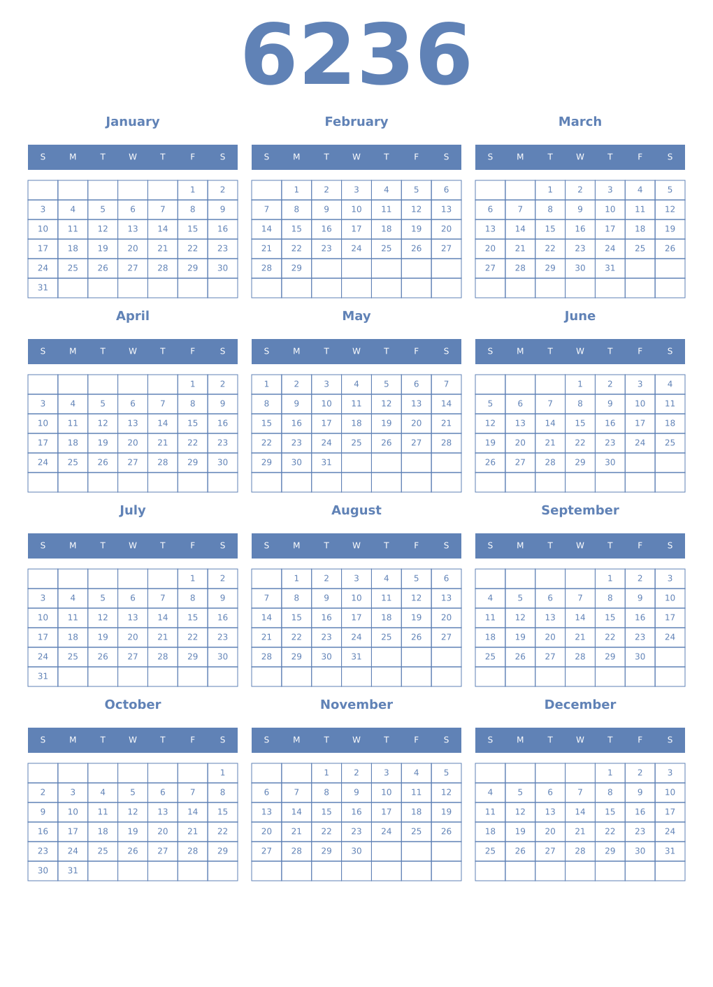 Printable 6236 Year Calendars glaucous