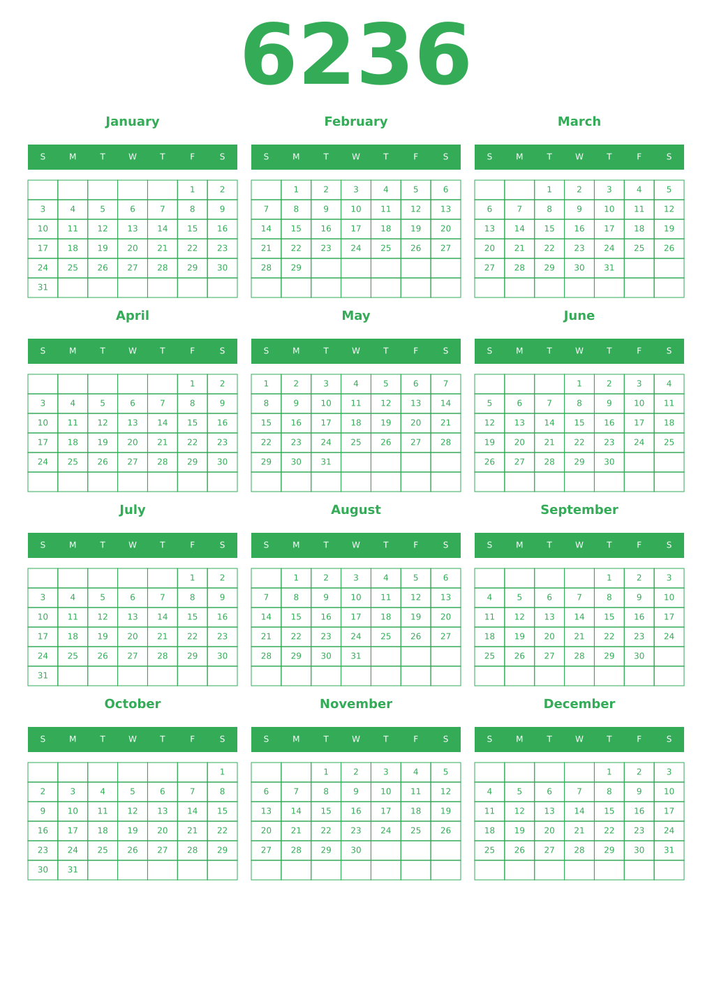Printable 6236 Year Calendars green