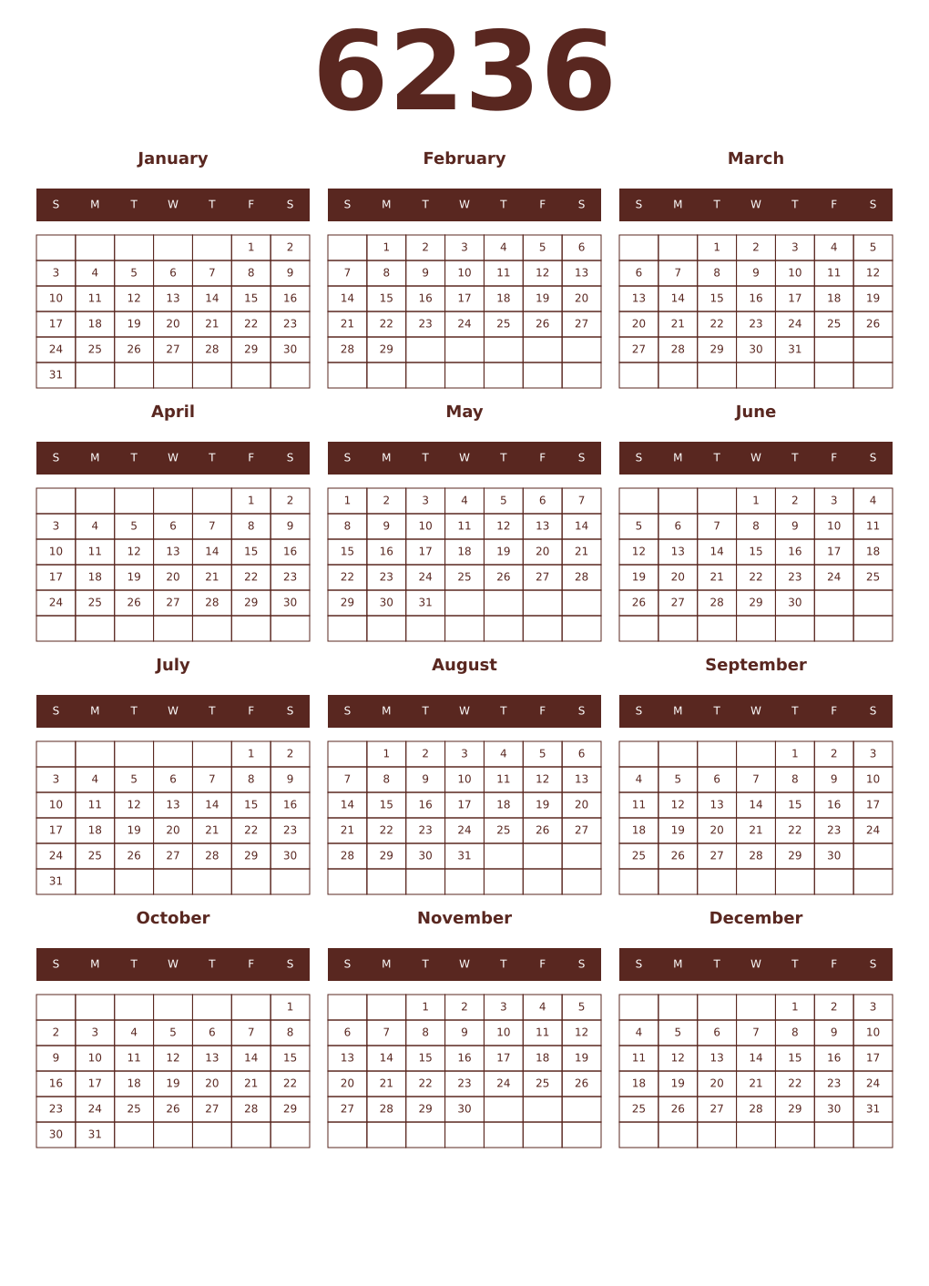 Printable 6236 Year Calendars mortuum