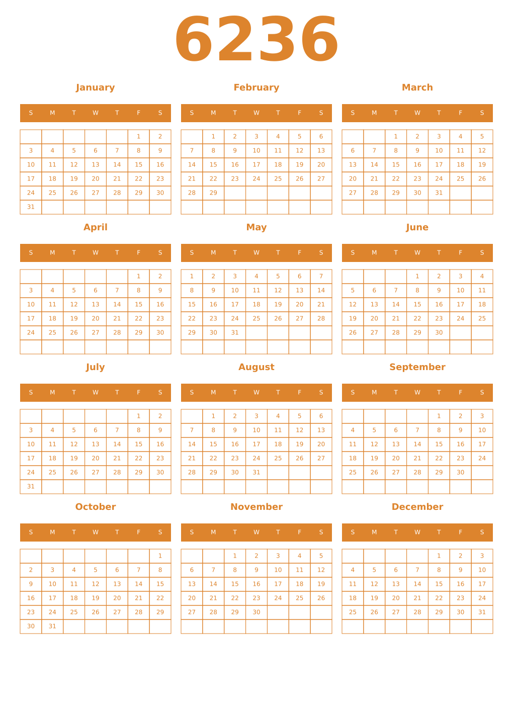 Printable 6236 Year Calendars orange