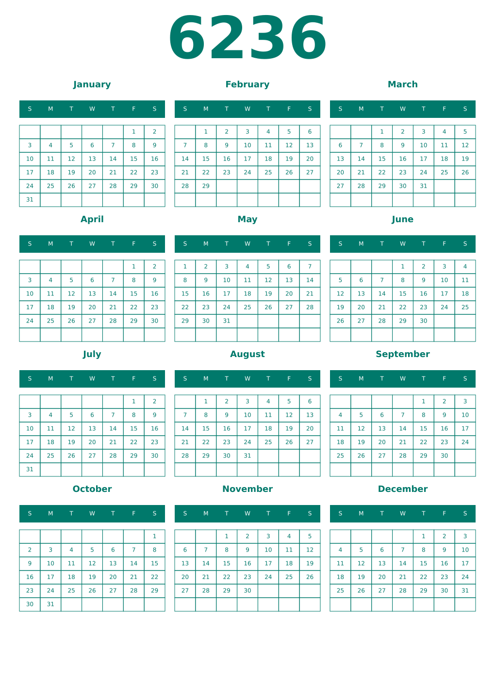 Printable 6236 Year Calendars pastel