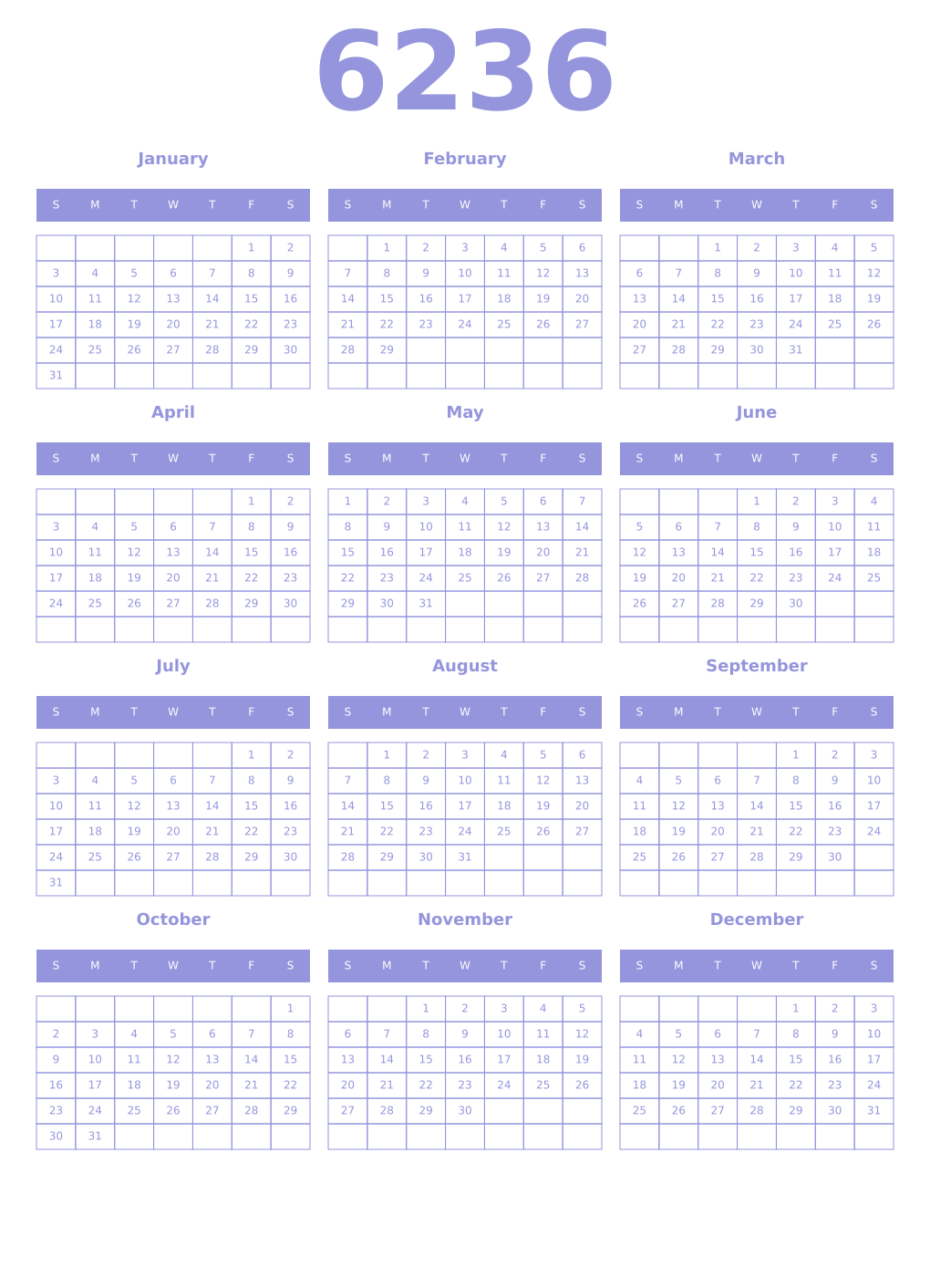 Printable 6236 Year Calendars periwinkle