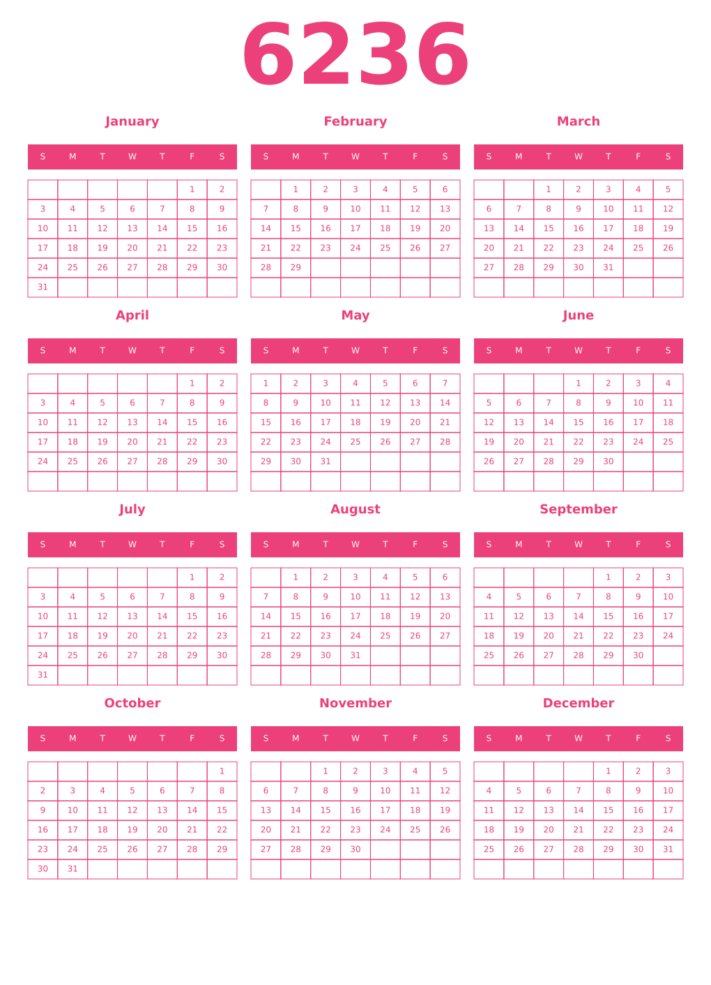 Printable 6236 Year Calendars pink