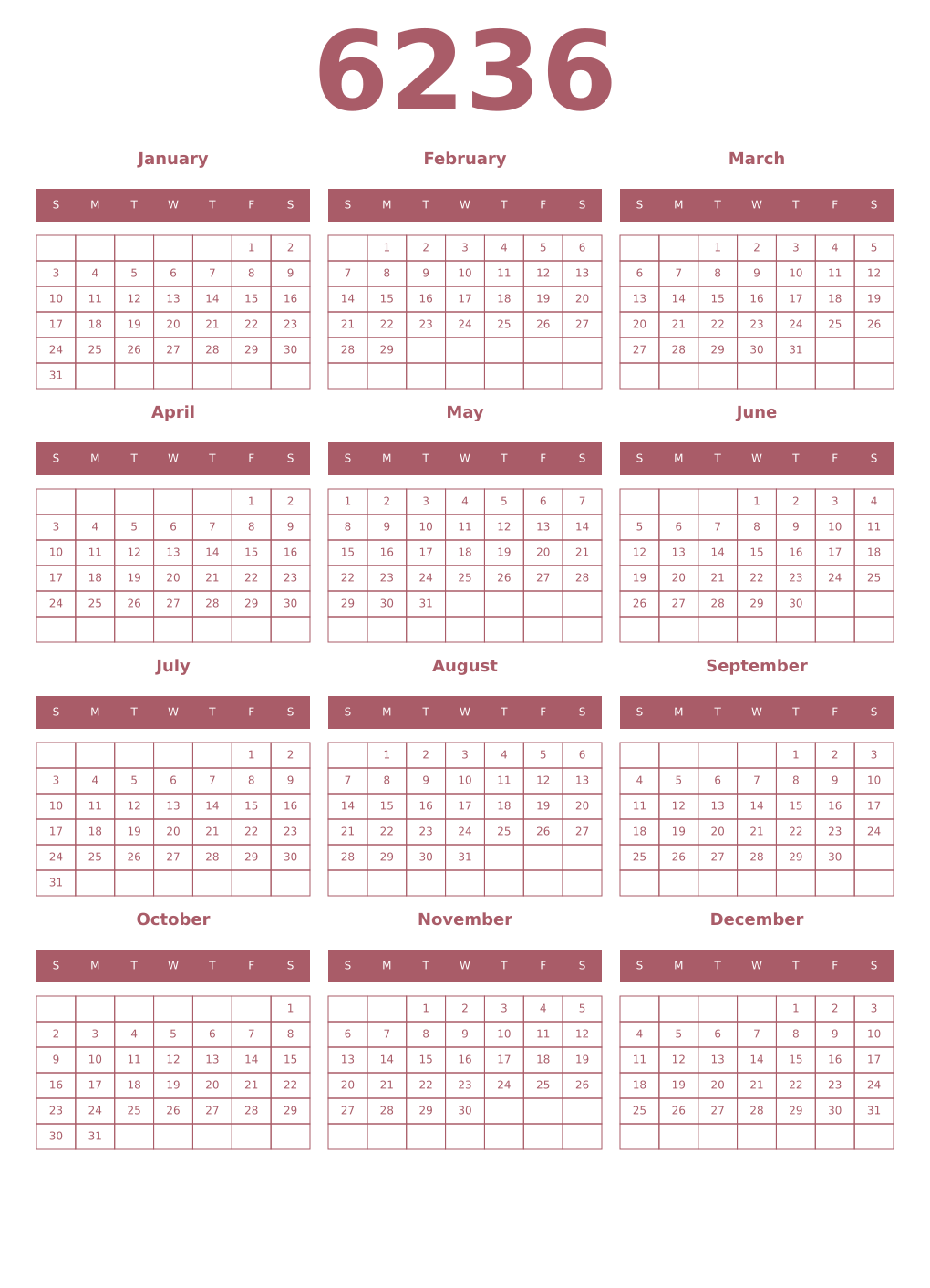 Printable 6236 Year Calendars puce