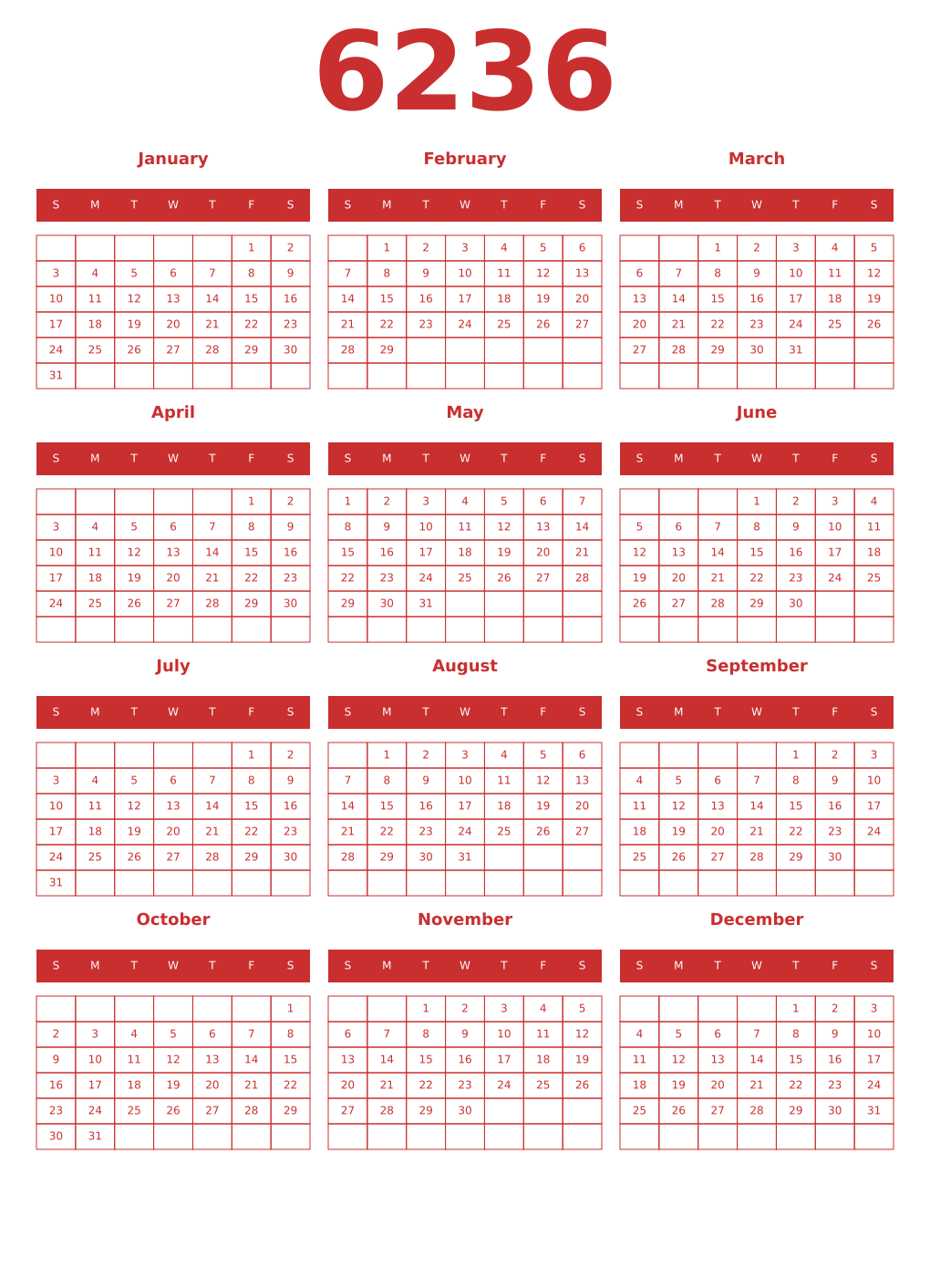 Printable 6236 Year Calendars red