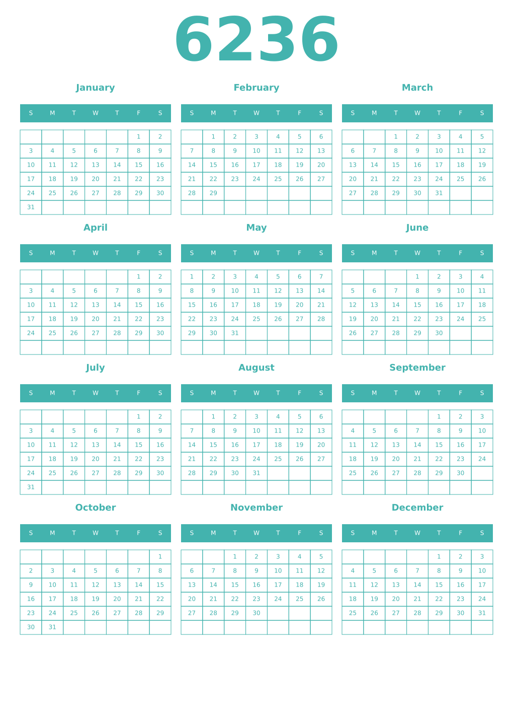 Printable 6236 Year Calendars verdigris