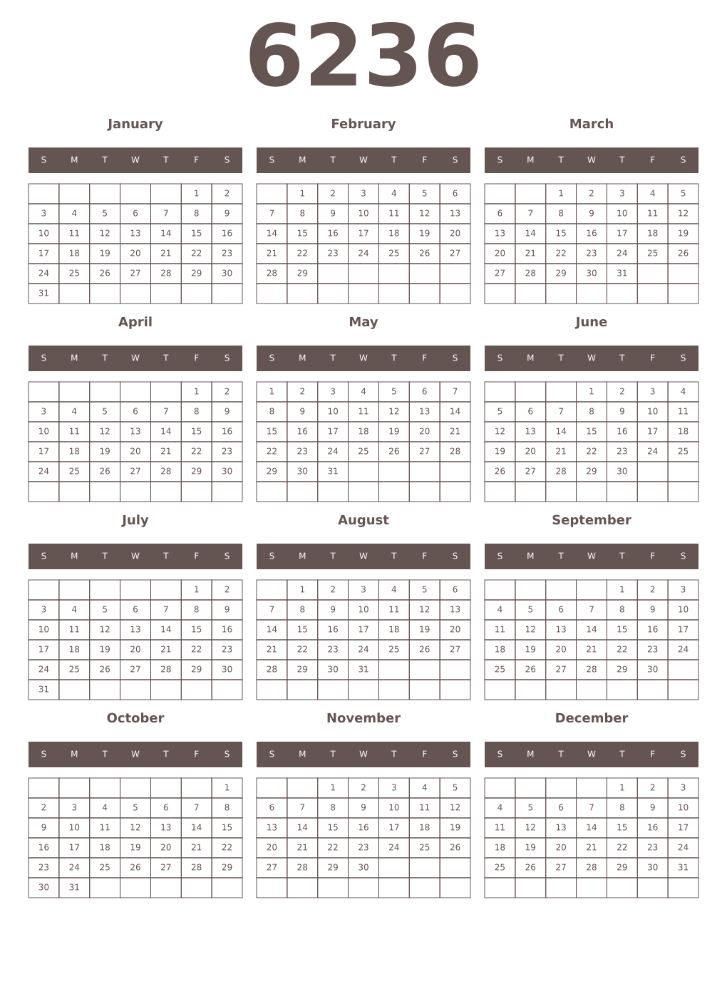 Printable 6236 Year Calendars wenge
