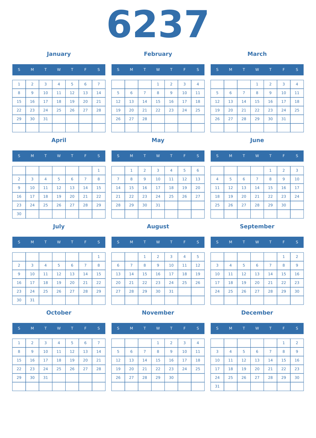 Printable 6237 Year Calendars blue