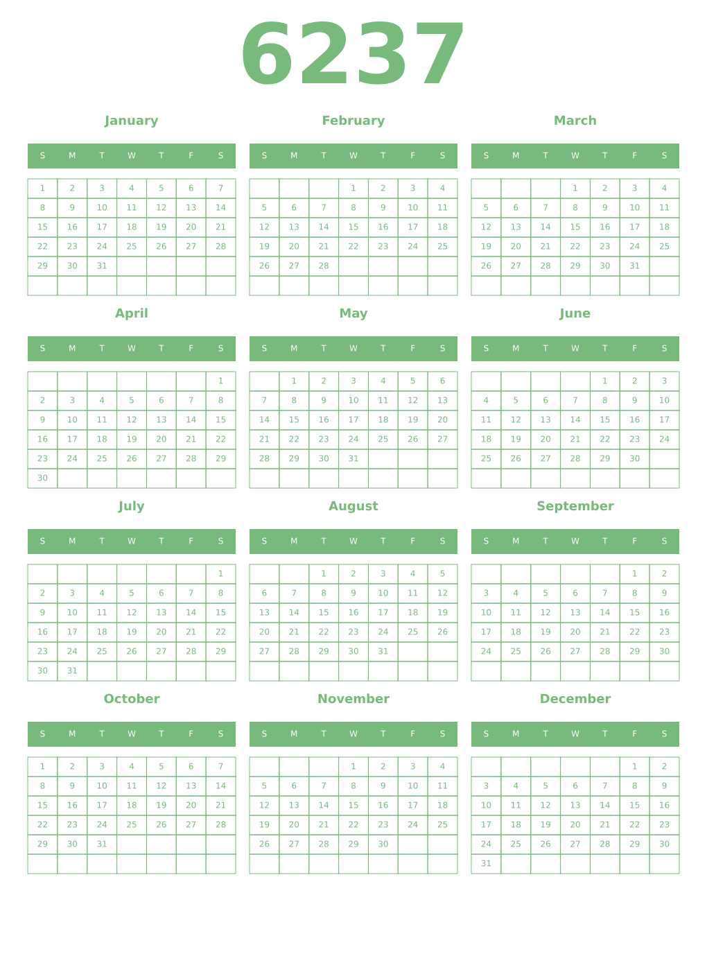 Printable 6237 Year Calendars celadon