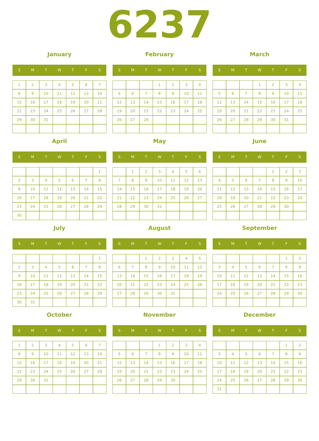 Printable 6237 Year Calendars chartreuse