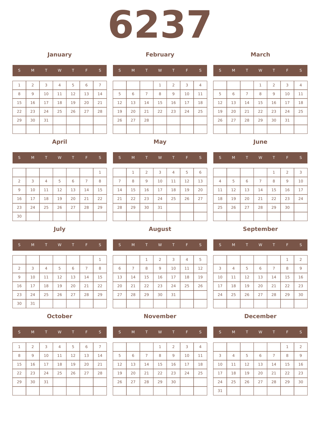 Printable 6237 Year Calendars coffe