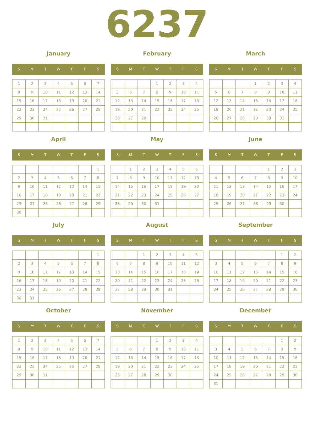 Printable 6237 Year Calendars eburnean