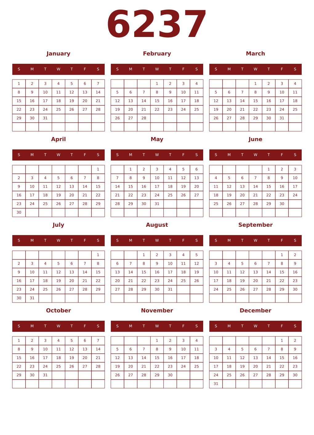Printable 6237 Year Calendars falu