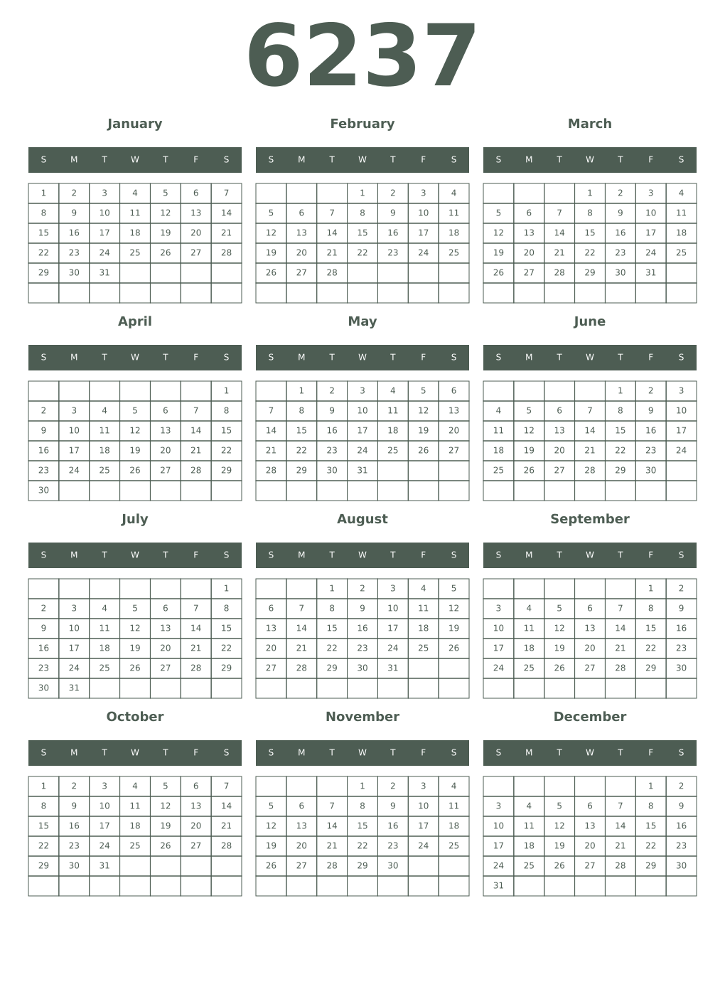 Printable 6237 Year Calendars feldgrau