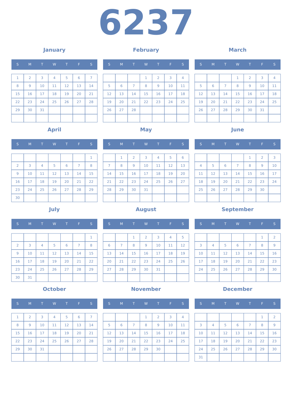 Printable 6237 Year Calendars glaucous
