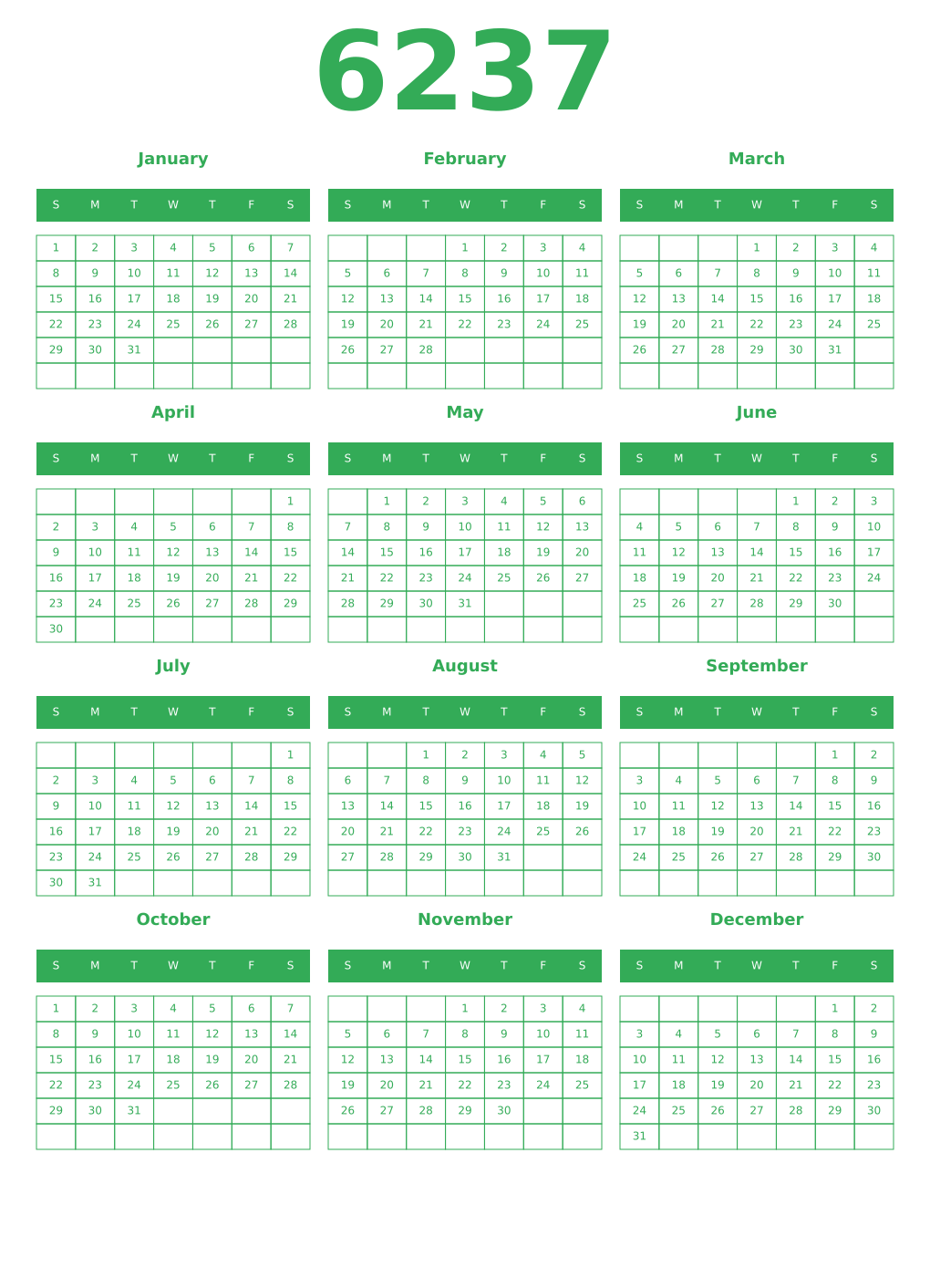 Printable 6237 Year Calendars green