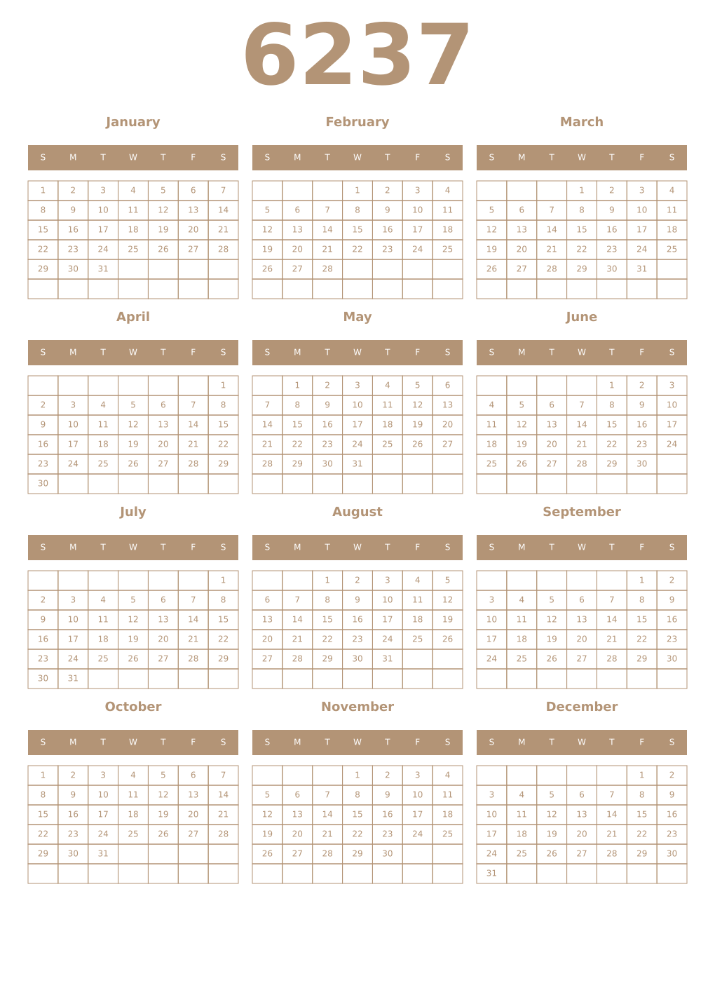 Printable 6237 Year Calendars isabelline